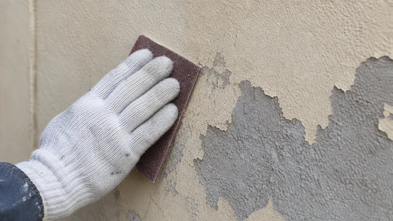 白い作業用手袋を着けた手が、塗膜の剥がれた壁を紙やすりでこすっている