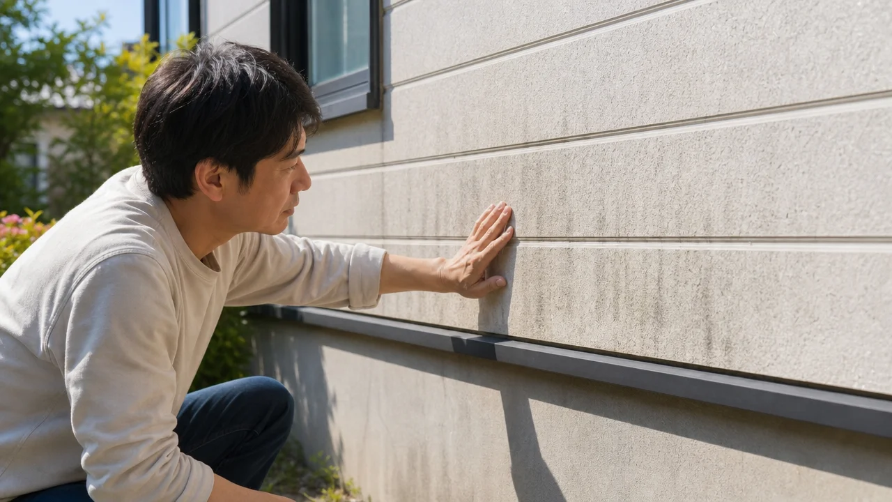 屋外でしゃがんだ男性が、縦筋状の汚れが付いた建物の外壁に手を触れて確認している