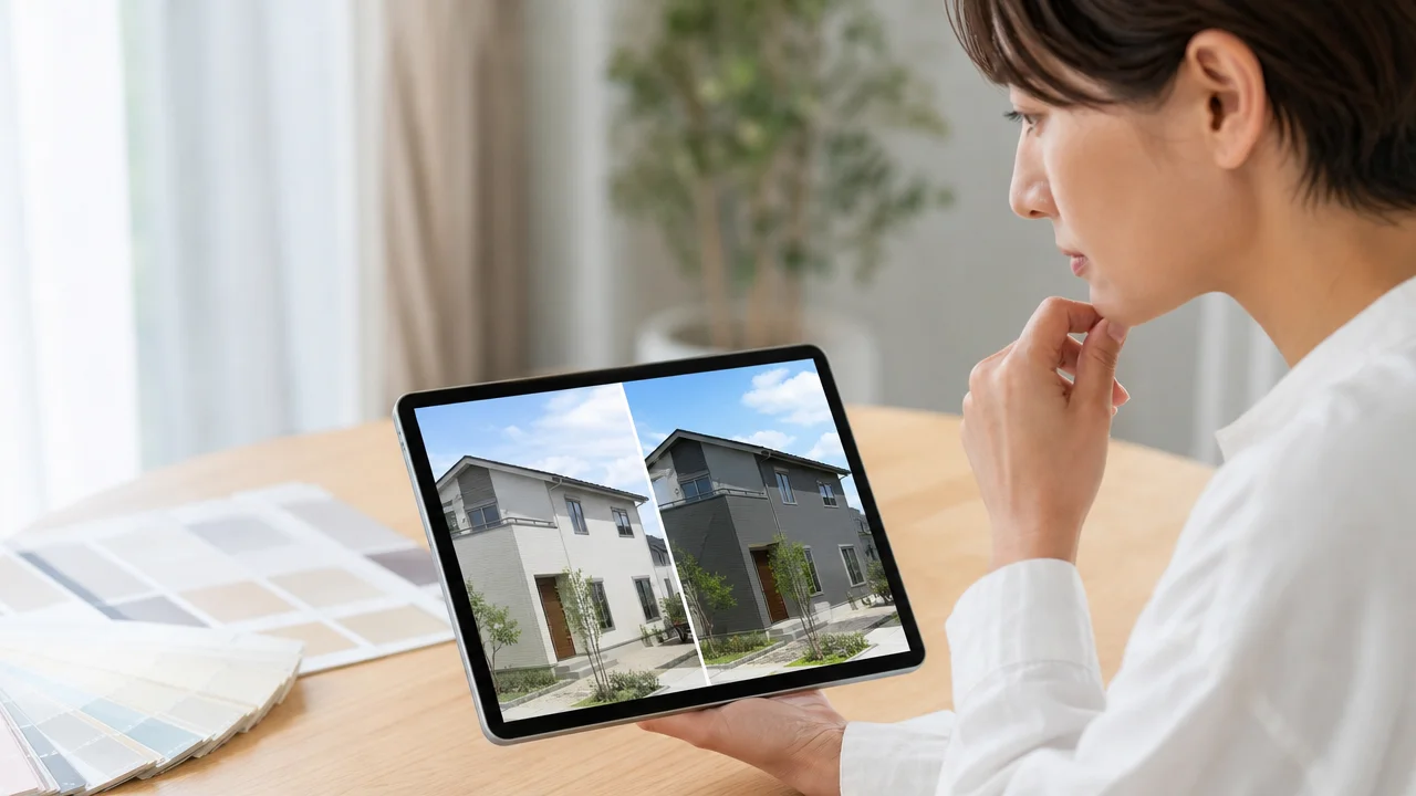 テーブルでタブレットを持つ人物が、画面に並んだ明るい外壁と暗い外壁の住宅を見比べている