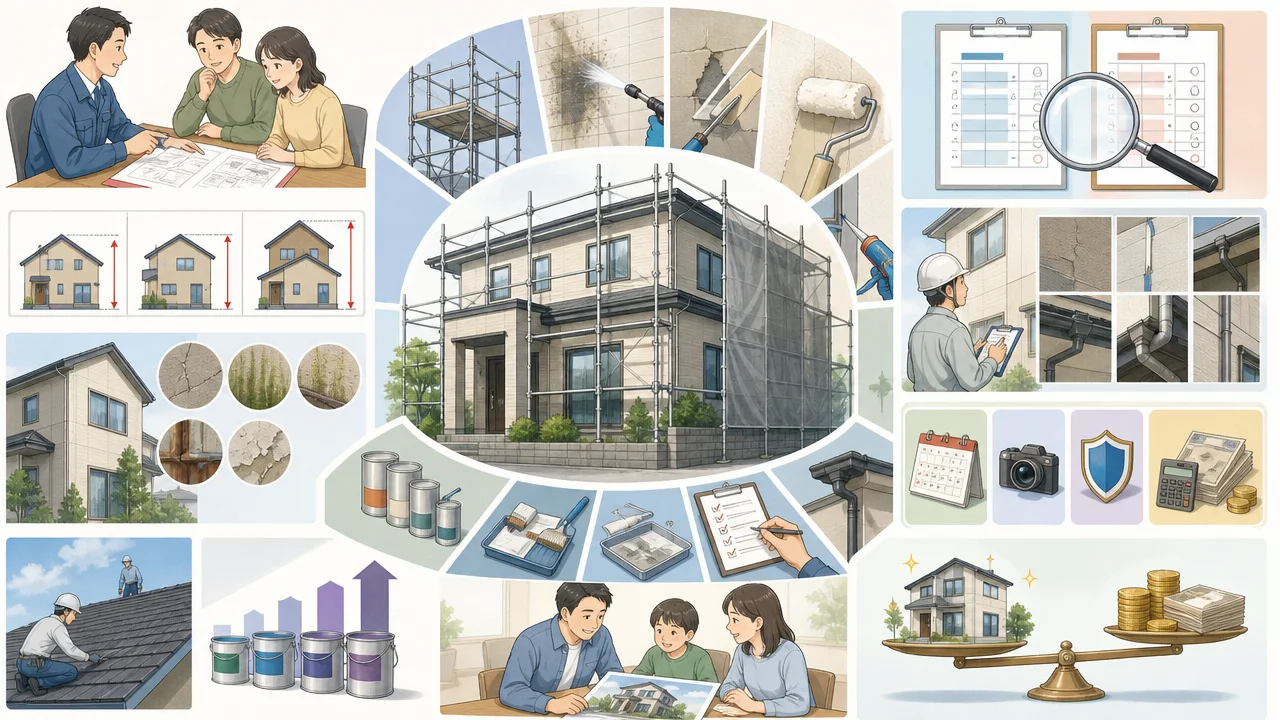 戸建て外壁塗装の費用相場と内訳｜適正価格を見抜く確認ポイントを説明するAI生成イラスト