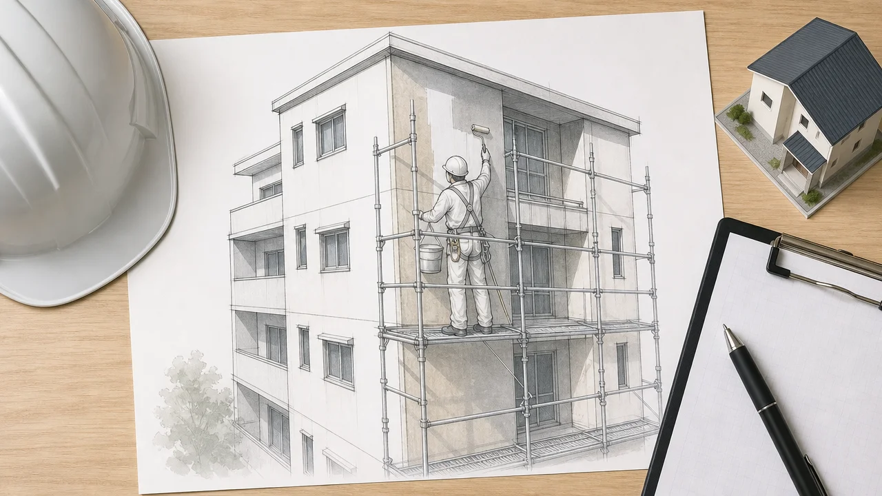 3階・4階建ての外壁塗装費用｜足場代と高くなる条件を解説を説明するAI生成イラスト