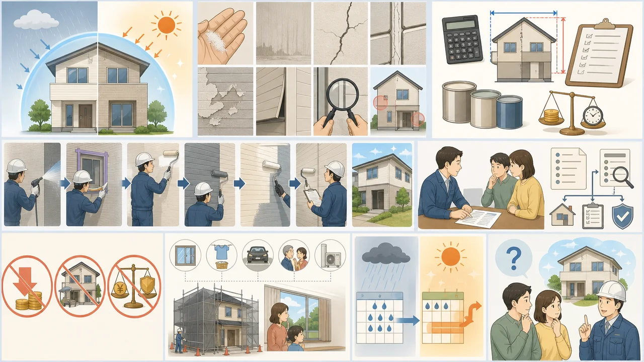 外壁塗装とは？費用・時期・塗料・工程・業者選びを基礎から解説を説明するAI生成イラスト