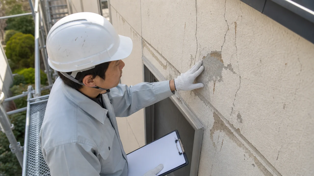白いヘルメットと手袋を着けた作業員が、ひび割れて一部が剥がれた建物の外壁を手で確認している