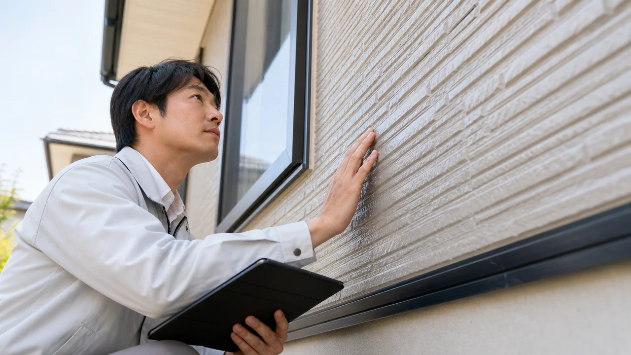 白い作業着の男性がタブレットを持ち、住宅の窓横にある外壁を手で触れて確認している