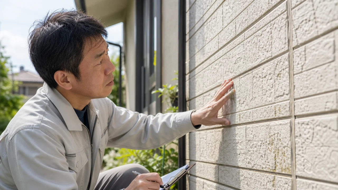 作業着の男性が屋外で建物の外壁に手を当て、クリップボードを持ちながら表面を確認している