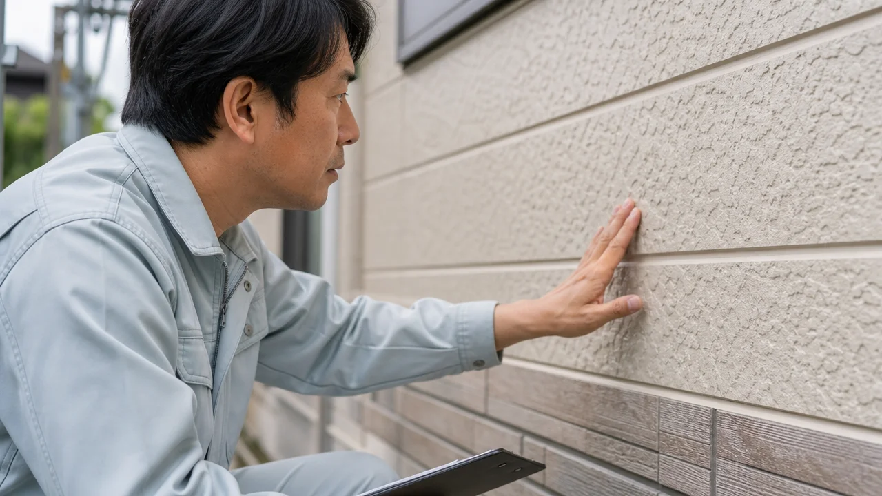 作業着を着た男性が建物の外壁に手を当て、表面の状態を確認している