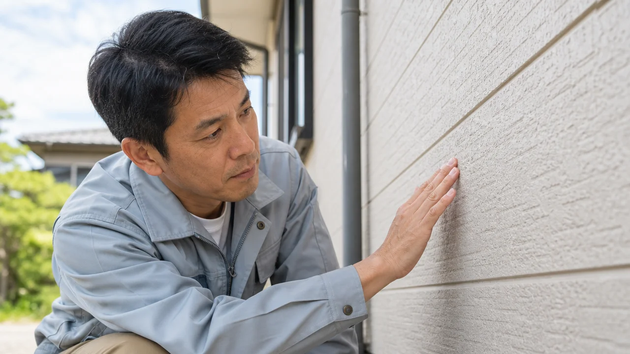 灰色の作業着を着た男性が屋外で建物の外壁に手を当て、表面の状態を確認している