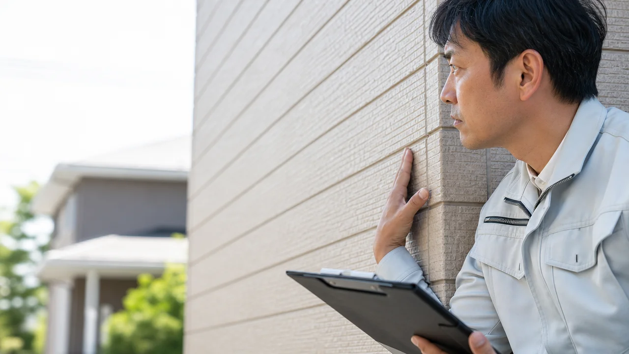 作業服を着た男性が住宅の外壁に手を当て、クリップボードを持ちながら表面を確認している