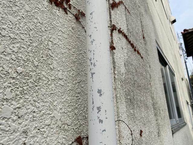 白い塗装が一部はがれていた樋