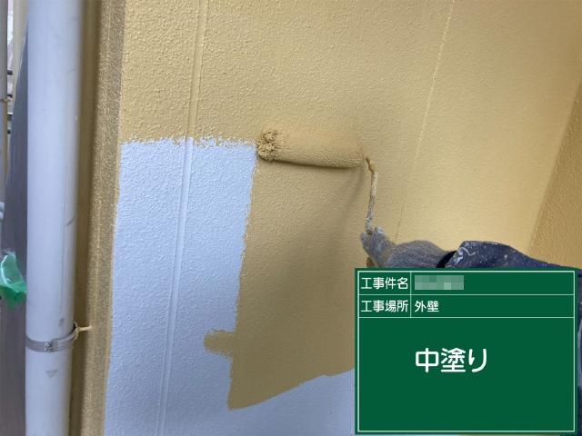 黄色系の塗料による外壁の中塗り