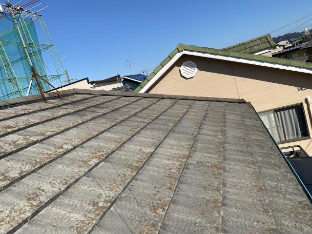 色あせと苔の汚れが見られた施工前の屋根